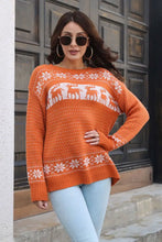 Reindeer & Snowflake Pattern Dropped Shoulder Pullover Sweater Orange Sweater Pullovers