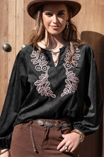 Notched Neck Long Sleeve Blouse Black Woman Blouses
