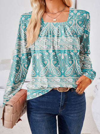 Full Size Square Neck Long Sleeve Blouse Teal Woman Blouses