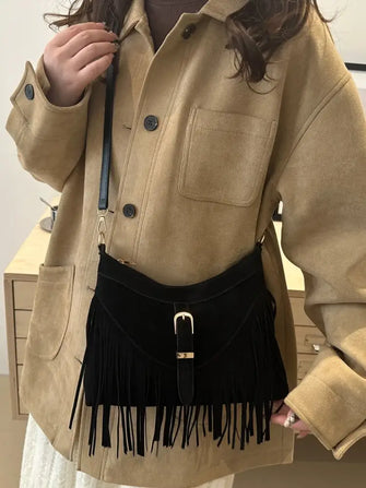 Fringe Solid Color Shoulder Bag Black One Size Shoulder Bags