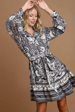 Umgee Full Size Two Tone Floral Border Print Tie Waist Mini Dress Plus Size Casual Dresses