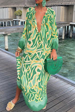 Abstract Print Buttoned Balloon Sleeve Dress Woman Maxi Dress