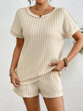 Texture Round Neck Top and Shorts Lounge Set Apricot