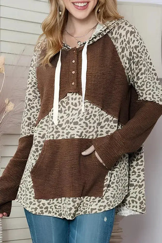 Leopard Ribbed Patchwork Drawstring Hoodie Leopard Woman Sweatshirts