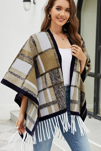 Cloak Sleeve Fringe Detail Poncho Khaki One Size Woman Outerwear