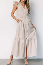 Slit Striped V-Neck Ruffled Cap Sleeve Dress Casual Dresses