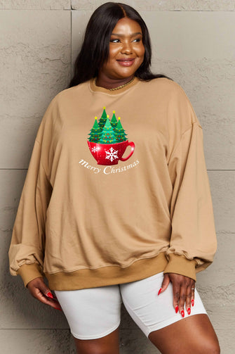 Simply Love Full Size MERRY CHRISTMAS Graphic Sweatshirt Tan Woman Sweatshirts