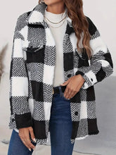 Plaid Button Up Long Sleeve Fuzzy Outerwear Black