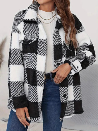Plaid Button Up Long Sleeve Fuzzy Outerwear Black
