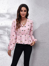Butterfly V-Neck Balloon Sleeve Peplum Blouse Blush Pink Woman Blouses
