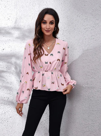 Butterfly V-Neck Balloon Sleeve Peplum Blouse Blush Pink Woman Blouses