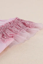 Pink glittery ruffled tulle skirt with lace over round neck tank set
