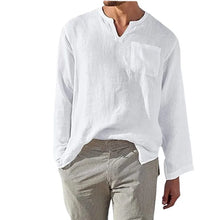 Men's Full Size Casual Notched Linen Long Sleeve Top Plus Size White
