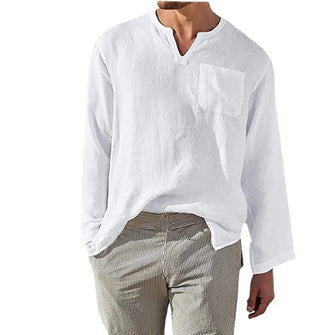 Men's Full Size Casual Notched Linen Long Sleeve Top Plus Size White