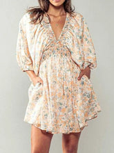 Floral V-Neck Balloon Sleeve Dress Apricot