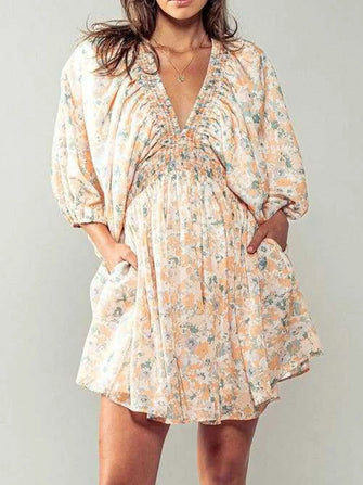 Floral V-Neck Balloon Sleeve Dress Apricot