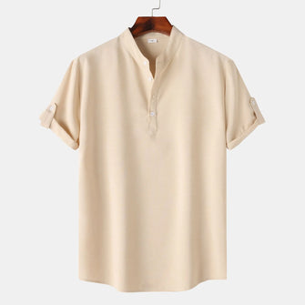 Men's Stand Collar Short Sleeve Henley Shirt Khaki