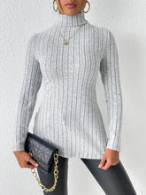 Ribbed Turtleneck Long Sleeve Slit T-Shirt Light Gray Woman T Shirts