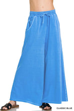 Classic blue wide-leg pants with elastic waistband and drawstring made from french terry pigment dye enzyme wash fabric