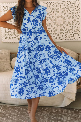 Floral Print Tiered Frilled Trim Flutter Sleeve Dress Light Blue