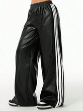 Black faux leather striped wide-leg pants with three white vertical stripes designed for tumble dry care