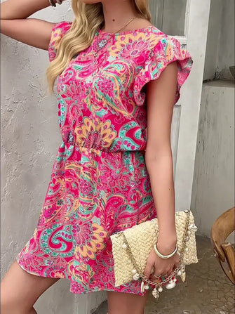 Floral Paisley Print Flutter Sleeve Mini Dress Hot Pink Woman Casual Dress