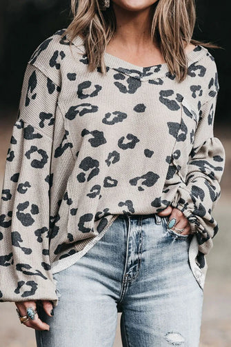 Plus Size Leopard V-Neck Dropped Shoulder T-Shirt Mocha