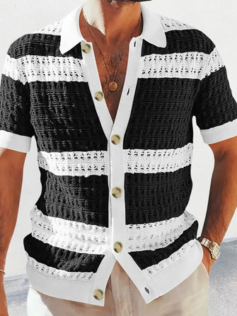 Men's Button Down Collared Neck Contrast Openwork Shirt Black