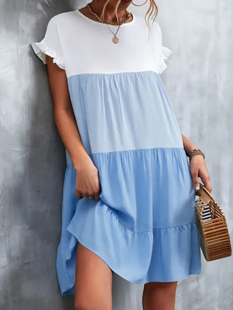Color Block Round Neck Short Sleeve Dress Light Blue Casual Dresses