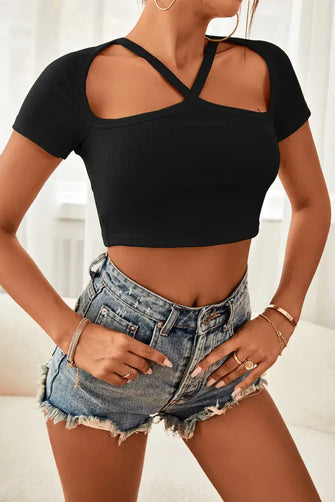 Cutout Short Sleeve Cropped Top Black Tanks & Camis