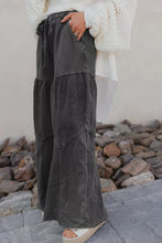 Dark gray unique mineral wash tiered wide leg pants with drawstring waist and patchwork design