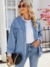 Pocketed Zip Up Baseball Collar Denim Jacket Woman Outerwear