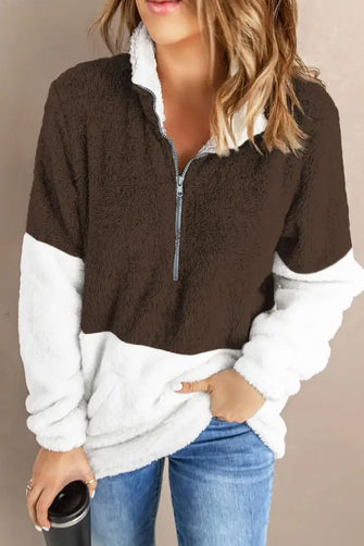 Color Block Half Zip Long Sleeve Fuzzy Sweatshirt Chocolate Woman Sweatshirts