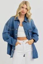 RISEN Full Size Snap Down Long Sleeve Denim Shacket Dark