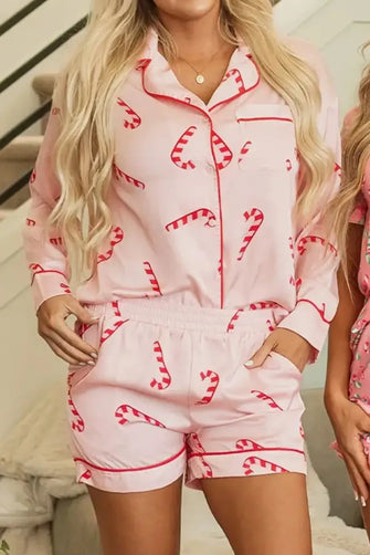 Candy Cane Collared Neck Long Sleeve Top and Shorts Lounge Set Blush Pink Woman Loungewear Sets