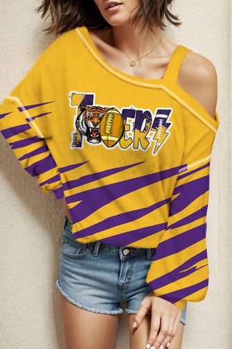 Graphic Asymmetrical Neck Long Sleeve T-Shirt Yellow