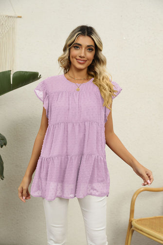 Swiss Dot Round Neck Tiered Blouse Pink Lavender