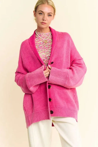 Davi & Dani Shawl Collar Ribbed Detail Button Up Cardigan Hot Pink