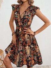 Ruffled Printed Surplice Cap Sleeve Dress