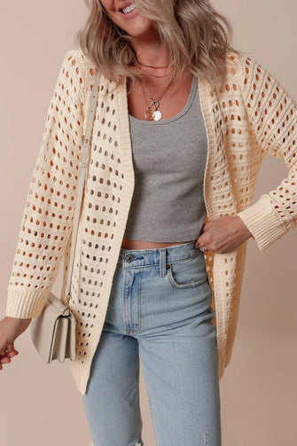 Openwork Open Front Cardigan Beige