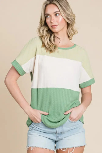 BOMBOM Color Block Short Sleeve T-Shirt Green Multi Woman T Shirts