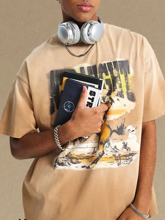Men's Graphic Round Neck Half Sleeve T-Shirt Khaki