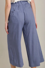 Blue linen wide fit culottes with elastic drawstring waist in relaxed wide-leg cut from umgee plus size pants offer