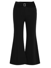 Plus size high-waisted black flare pants with a tailored fit and a silver rectangular buckle at the waistband