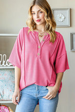 Heimish Full Size Ribbed Half Button Drop Shoulder Top HOT PINK