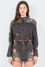 American Bazi Full Size Distressed Star Stud Trim Denim Rider Jacket Plus Size VINTAGE WASH