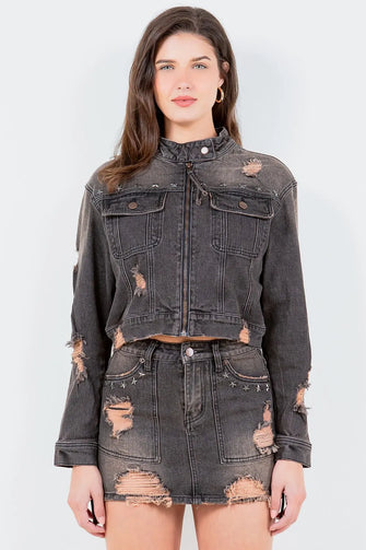 American Bazi Full Size Distressed Star Stud Trim Denim Rider Jacket Plus Size VINTAGE WASH