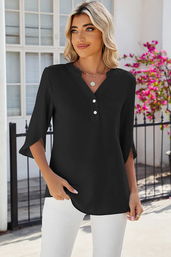 Notched Half Button T-Shirt Black