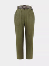 Olive green cotton casual wide leg pants with patterned belt and two side pockets for comfortable wear