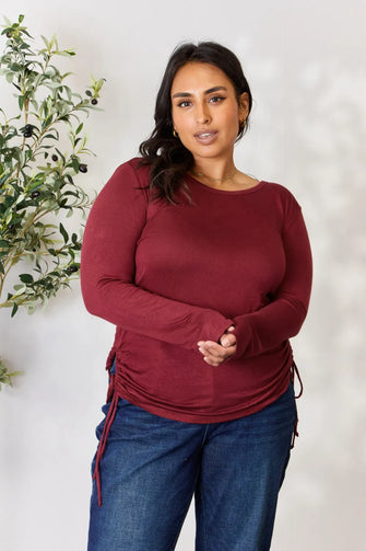 Culture Code Full Size Drawstring Round Neck Long Sleeve Top WINE Woman Blouses